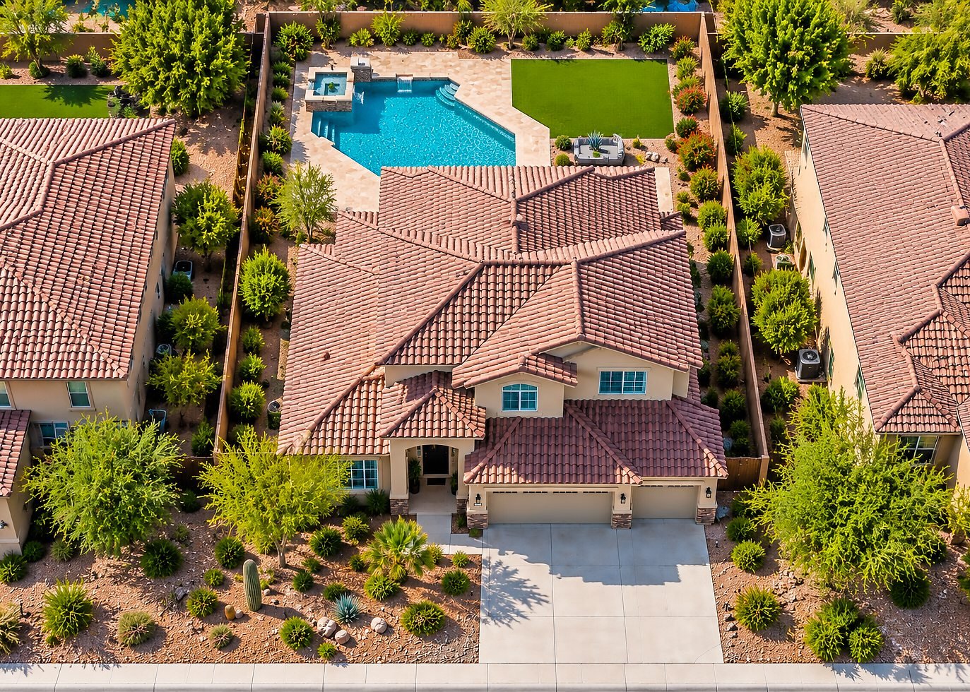 Aerial photo of a desert home and pool