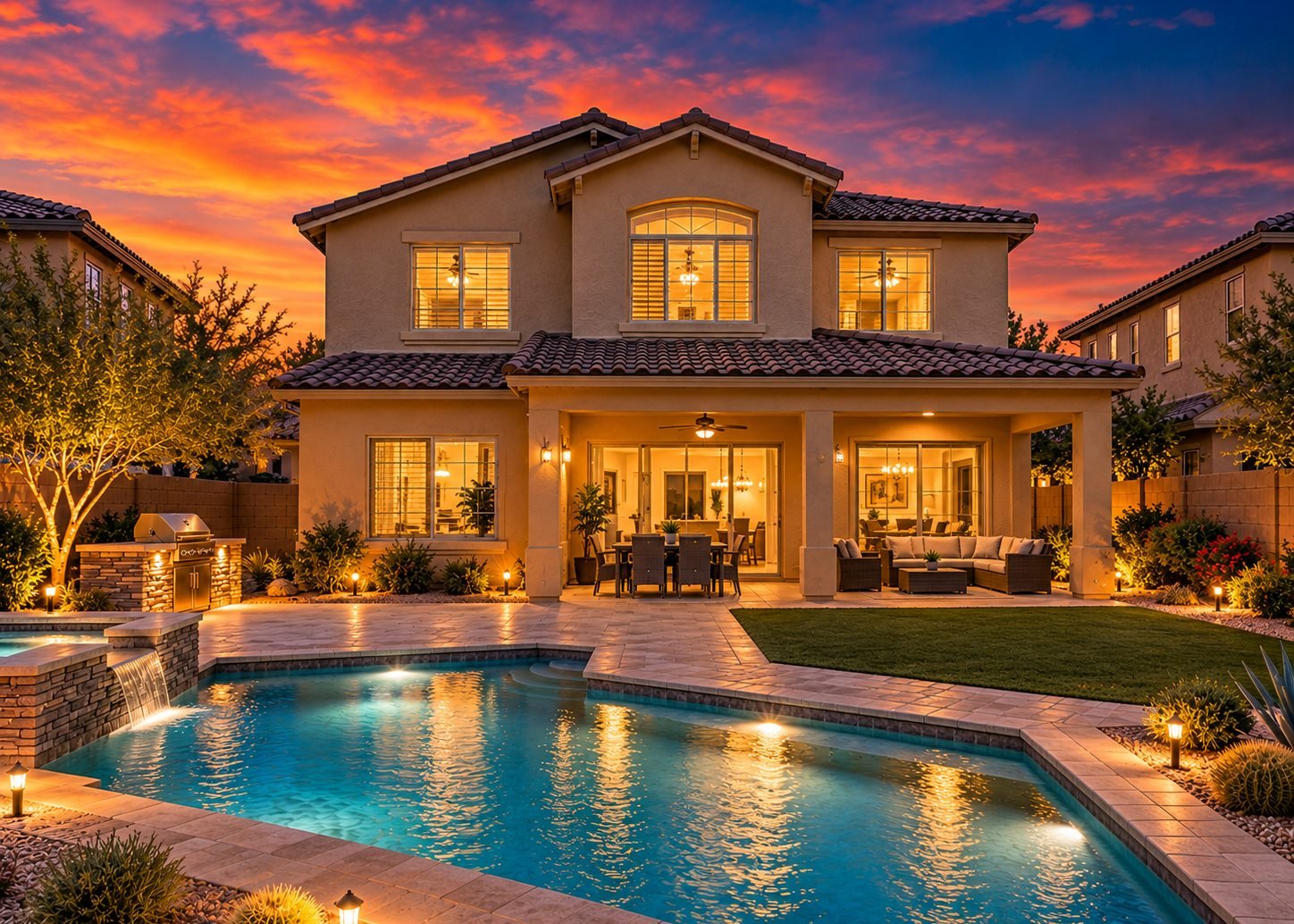 Backyard pool and covered patio glowing at twilight under a sunset sky