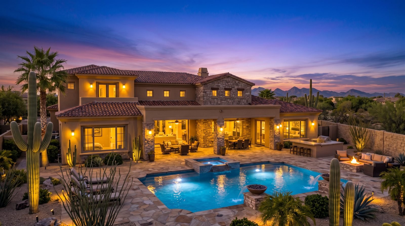 Luxury desert estate at twilight with saguaros, a lit pool and mountain views